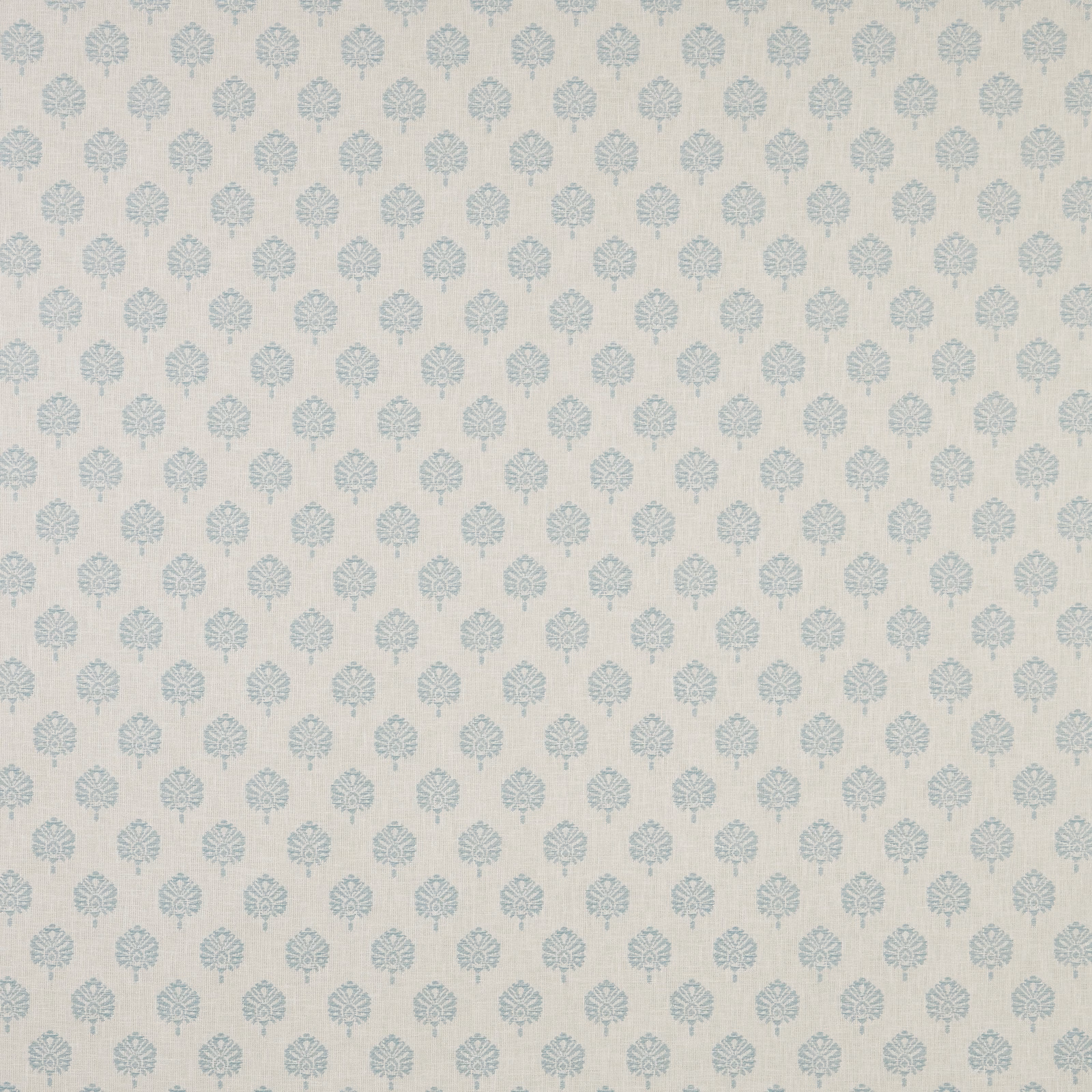 Pale glacier-blue small damask motif on an ivory textured fabric