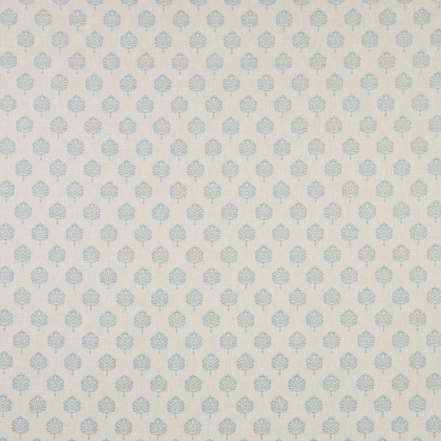 Pale glacier-blue small damask motif on an ivory textured fabric