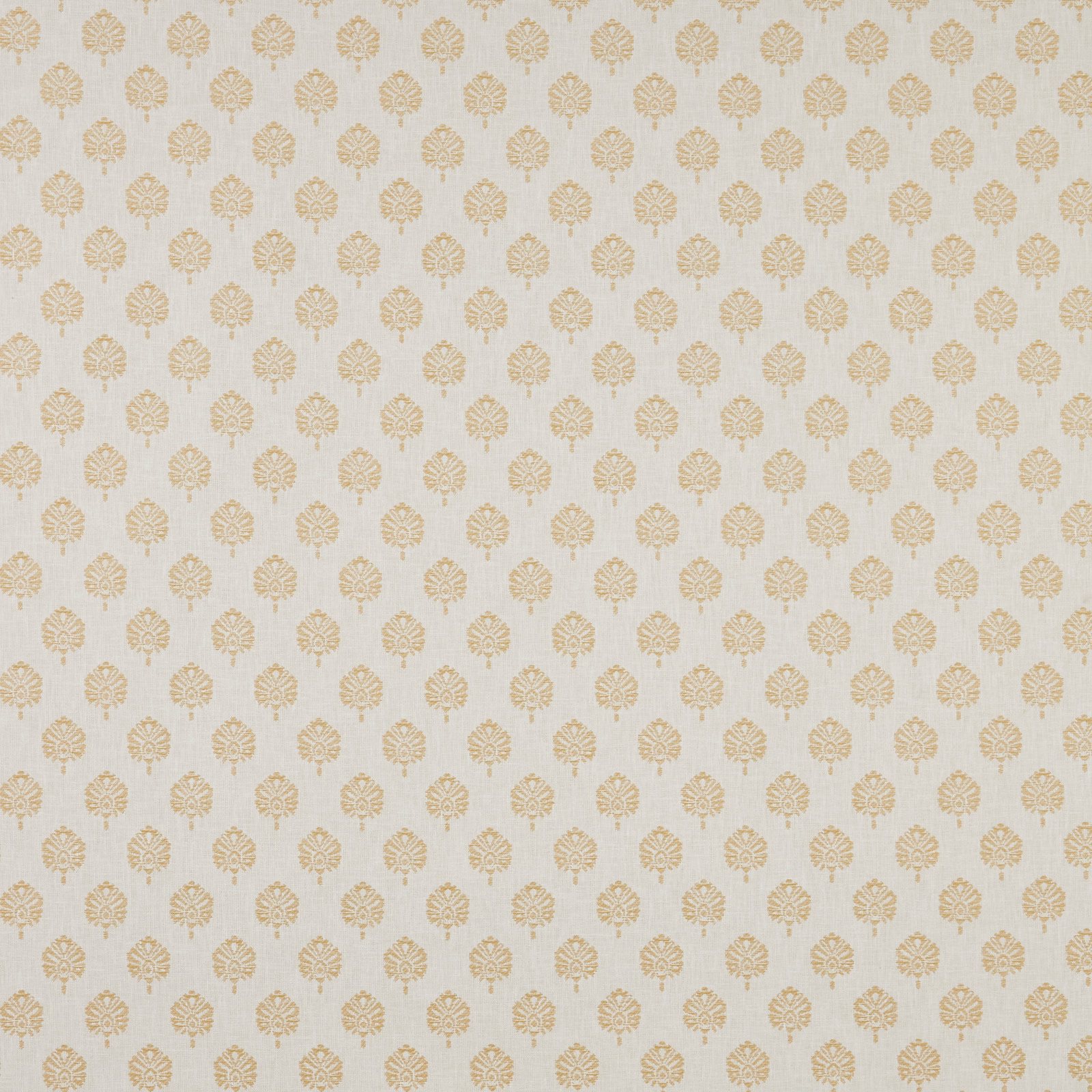 Pale woven fabric with small ochre damask motifs on a light ground