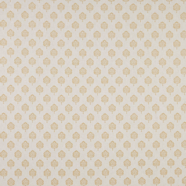 Pale woven fabric with small ochre damask motifs on a light ground