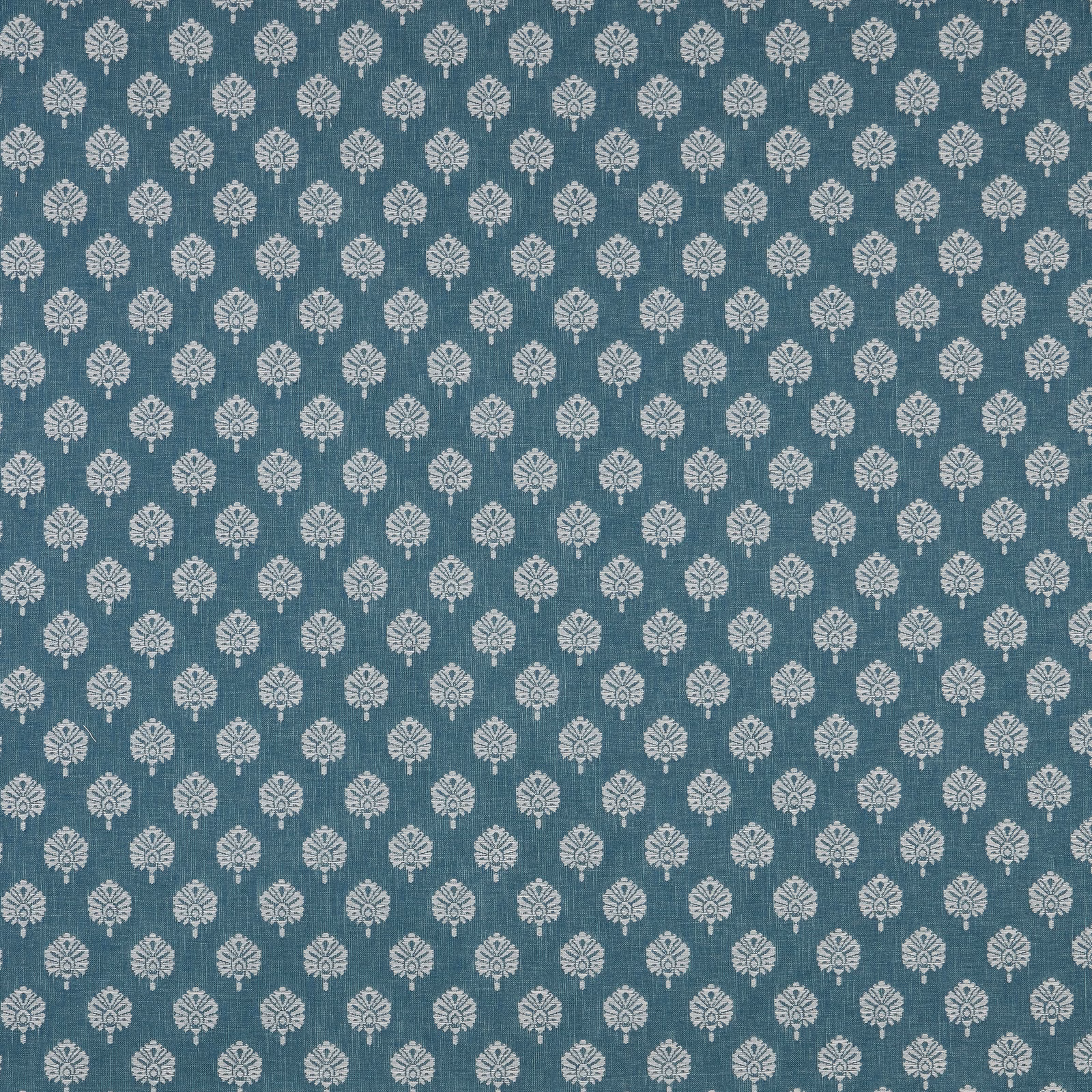 Teal woven fabric with small ivory floral motif and subtle slub texture