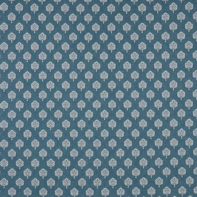 Teal woven fabric with small ivory floral motif and subtle slub texture
