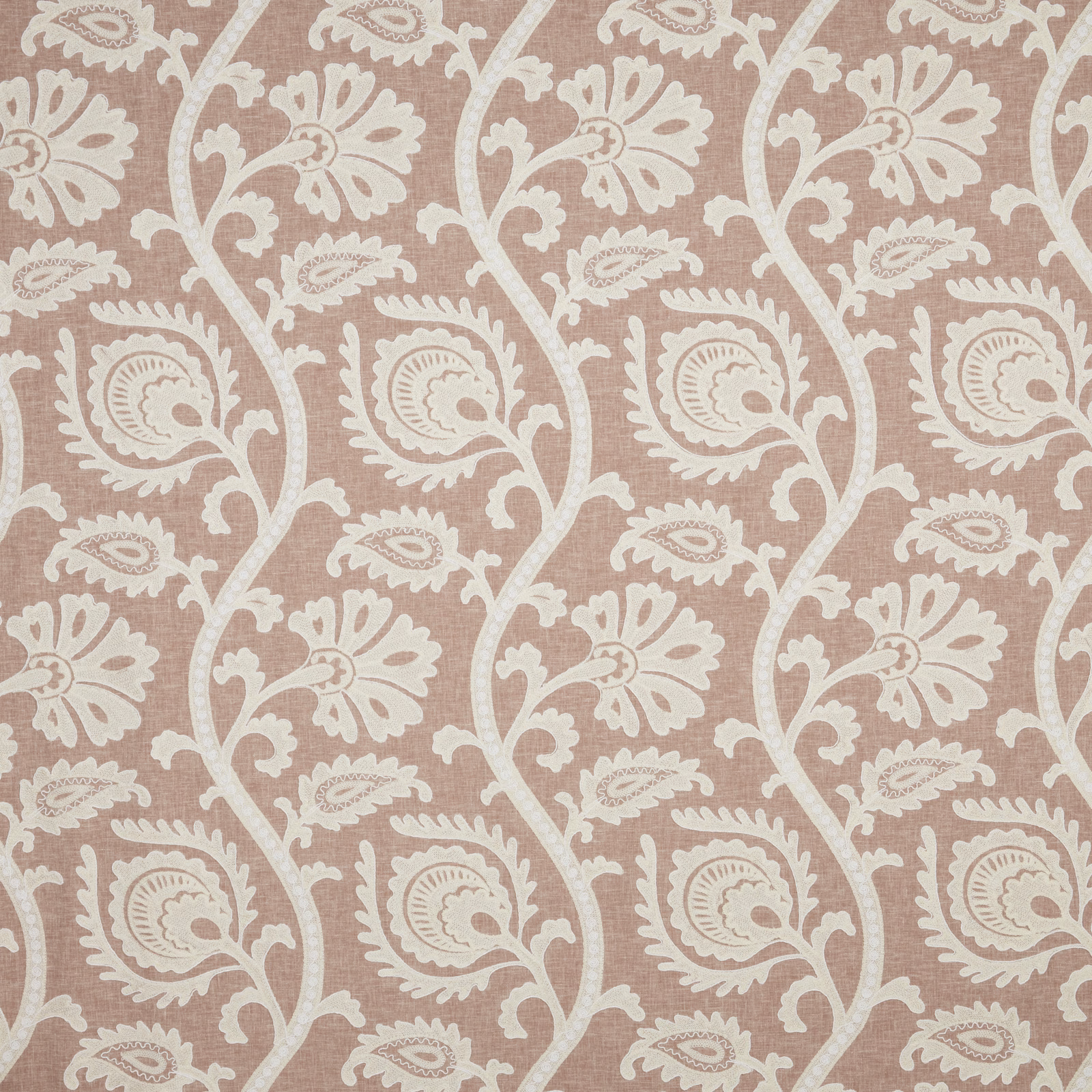 Blush pink floral fabric with ivory scrolling paisley leaves and linen-look texture