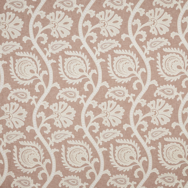 Blush pink floral fabric with ivory scrolling paisley leaves and linen-look texture