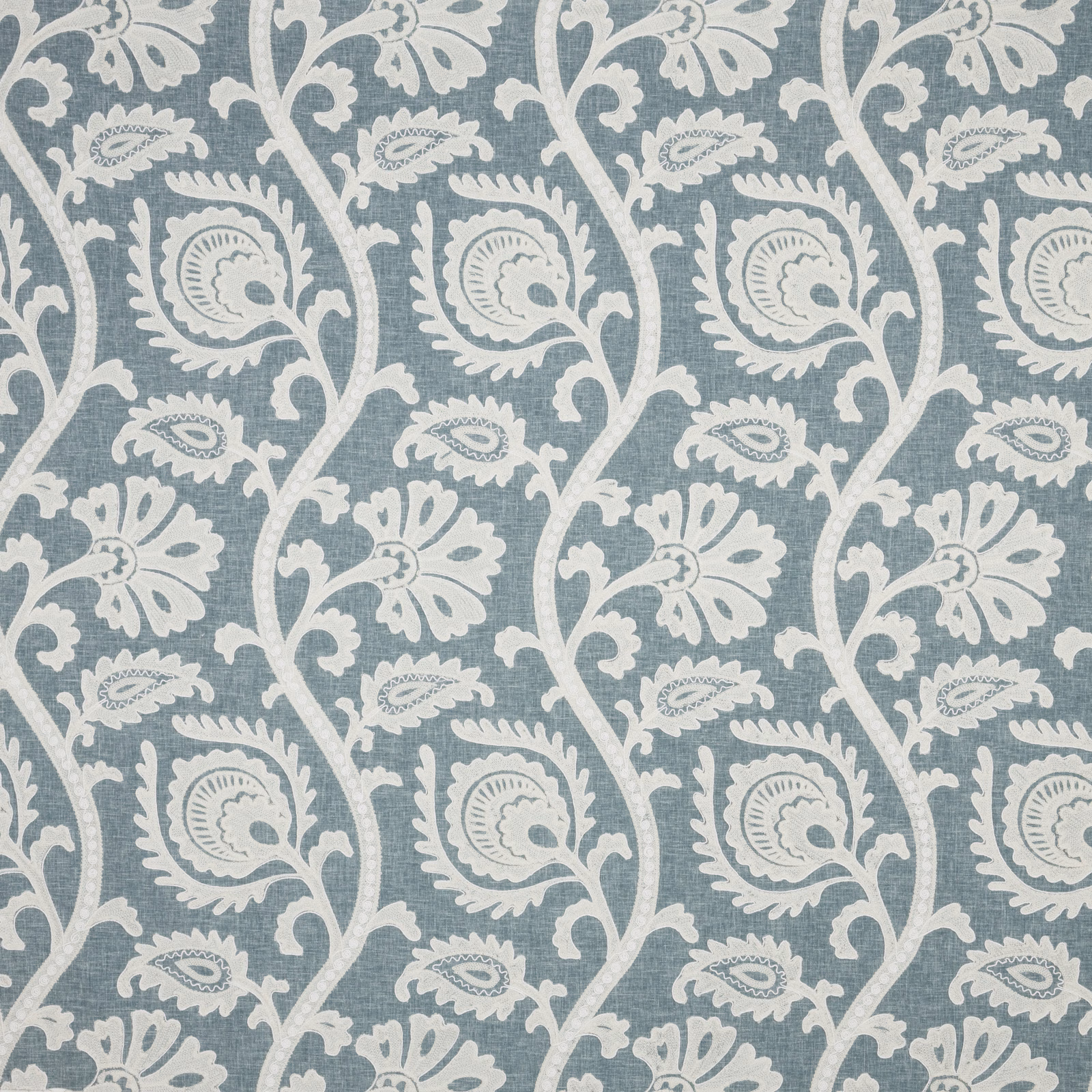 Pale glacier blue damask fabric with ivory scrolling floral motif and linen-look weave