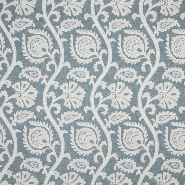 Pale glacier blue damask fabric with ivory scrolling floral motif and linen-look weave
