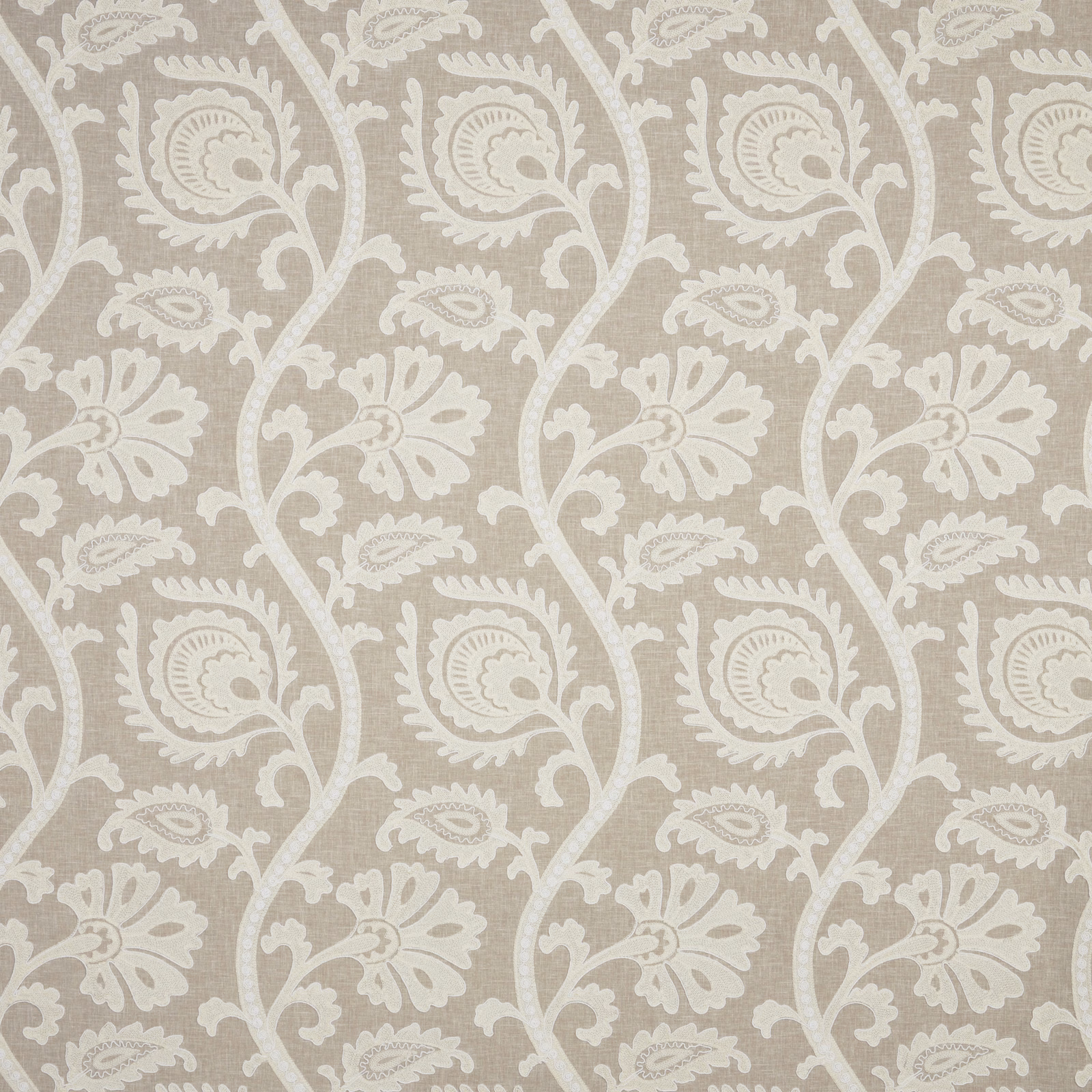Soft beige damask fabric with ivory scrolling floral motif and linen texture