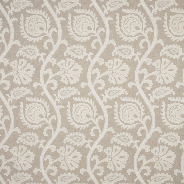 Soft beige damask fabric with ivory scrolling floral motif and linen texture