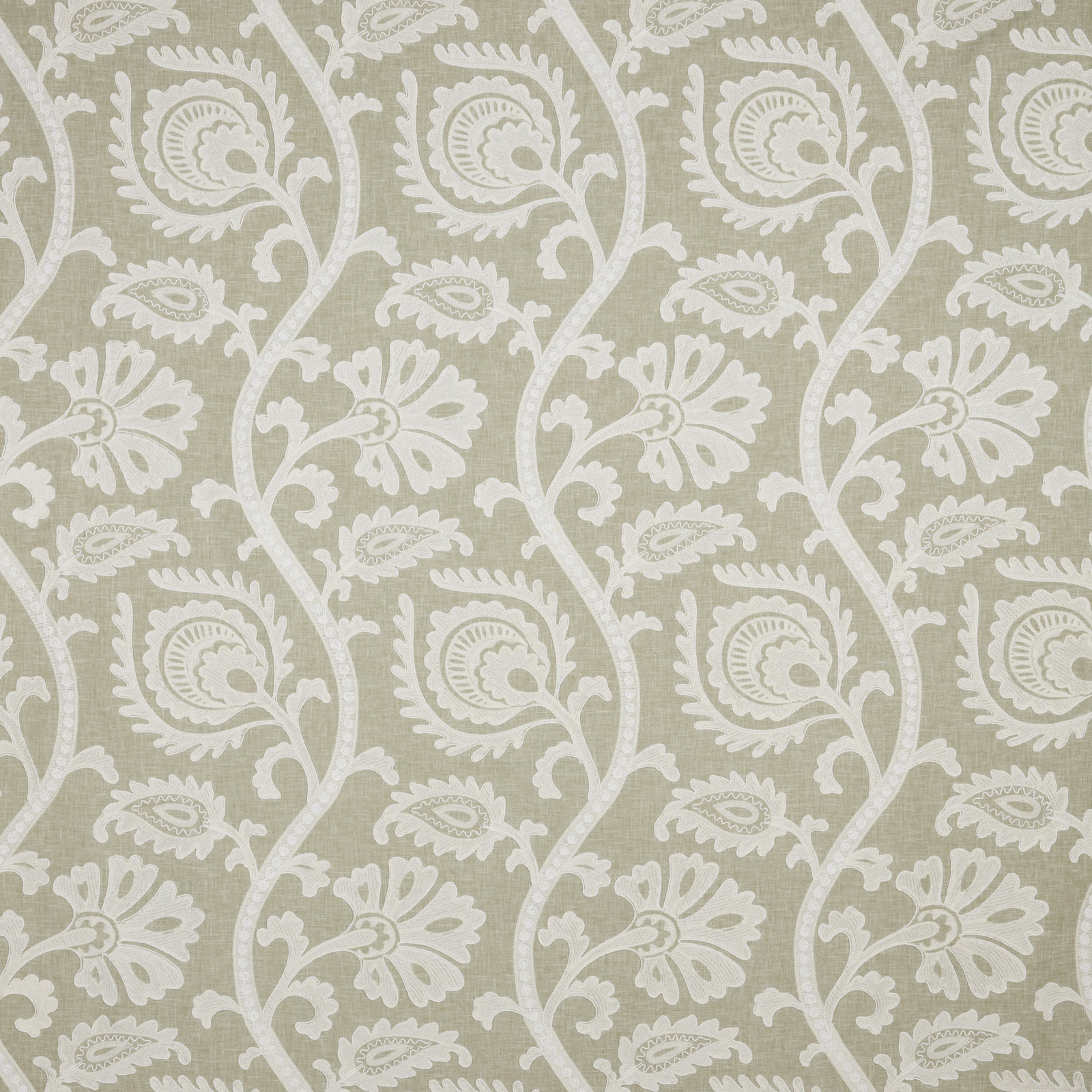 Soft sage green botanical fabric with cream paisley vine pattern