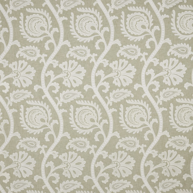 Soft sage green botanical fabric with cream paisley vine pattern