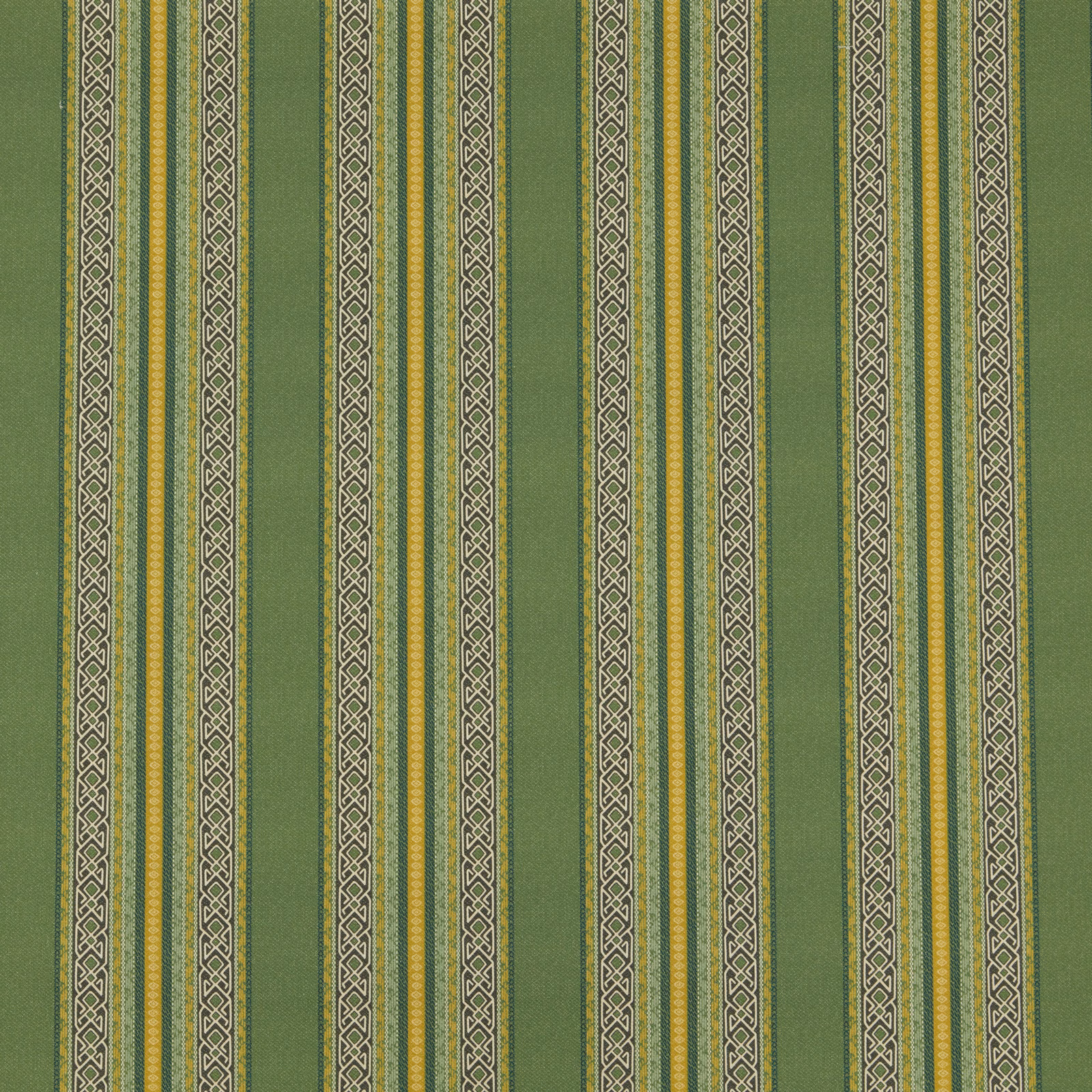 Olive green striped fabric with narrow geometric cream bands and muted gold accents