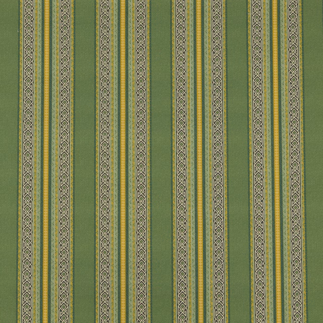 Olive green striped fabric with narrow geometric cream bands and muted gold accents