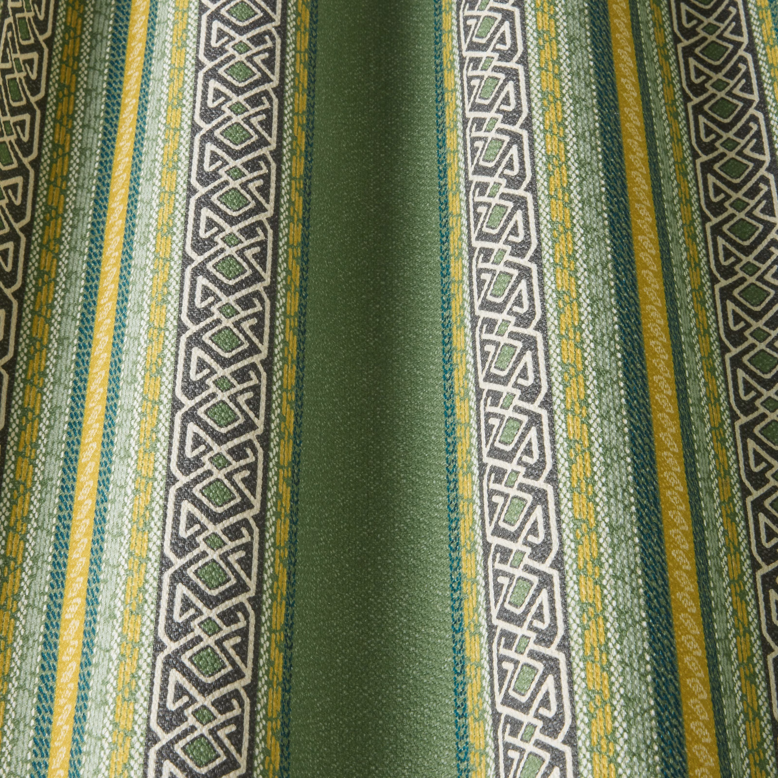 Striped woven fabric in cedar green, cream, gold and teal bands