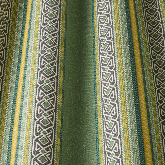 Striped woven fabric in cedar green, cream, gold and teal bands