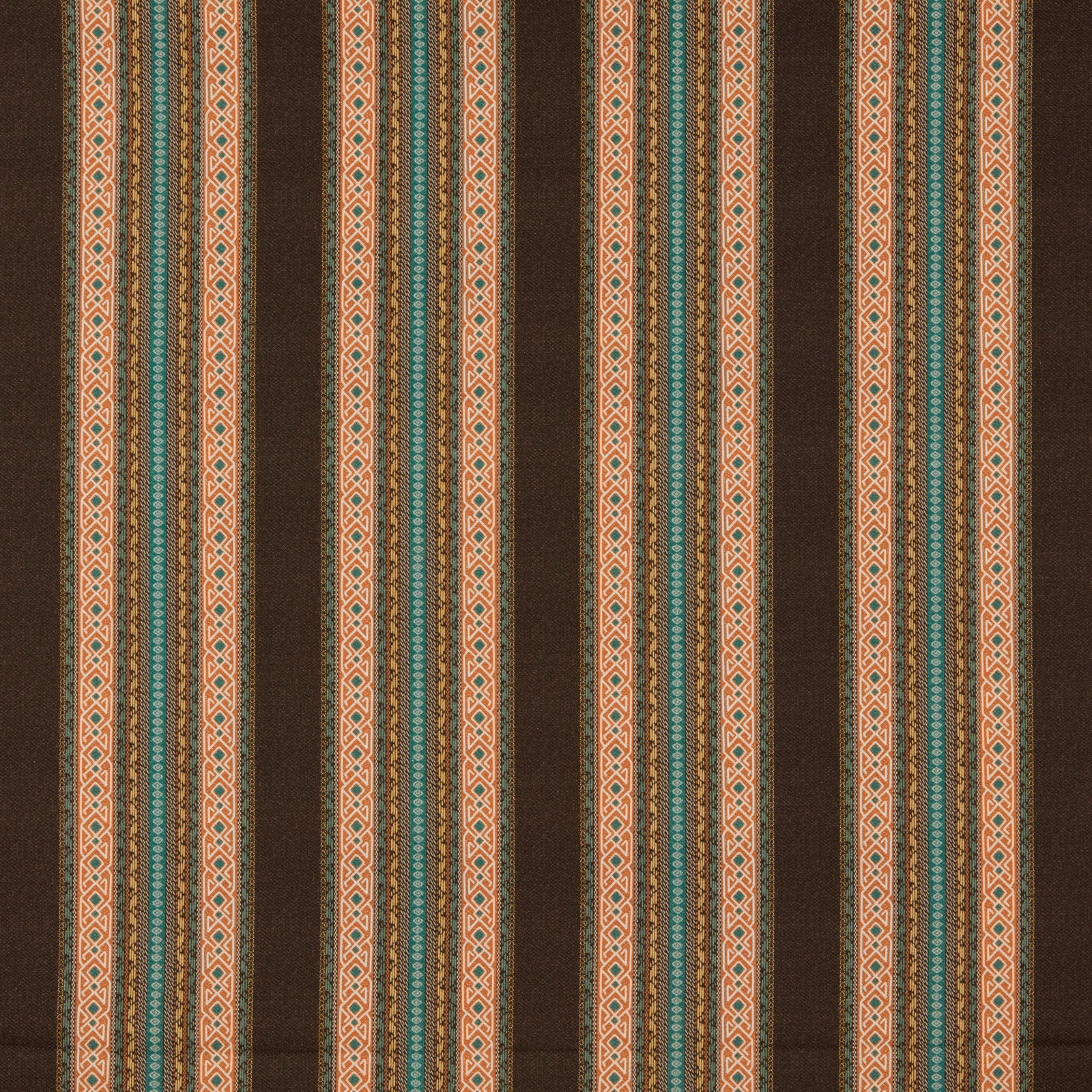 Charcoal-brown striped fabric with teal and coral geometric bands