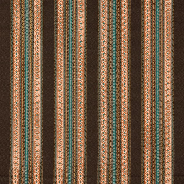 Charcoal-brown striped fabric with teal and coral geometric bands