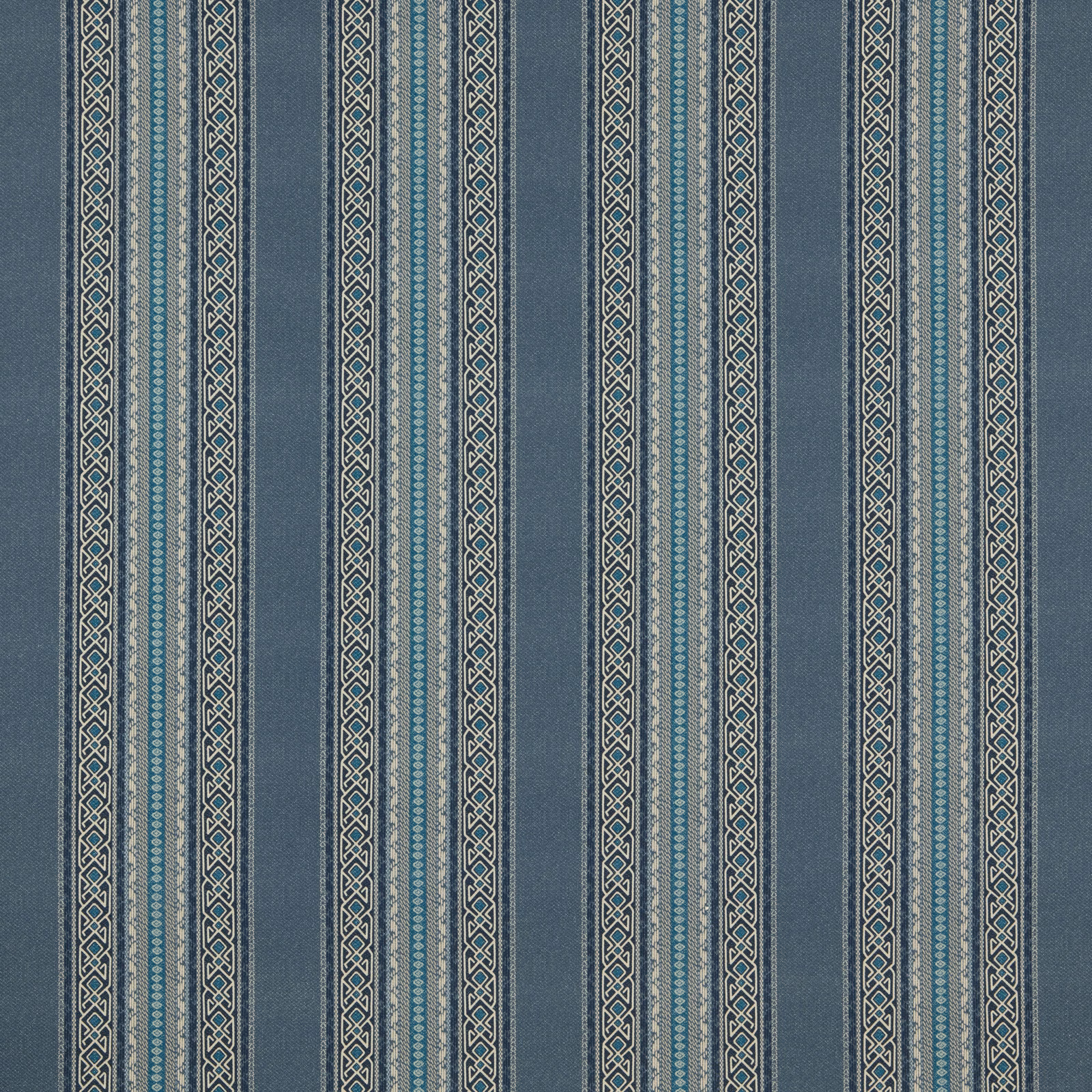 Vertical striped fabric in muted denim blue with teal and stone accents