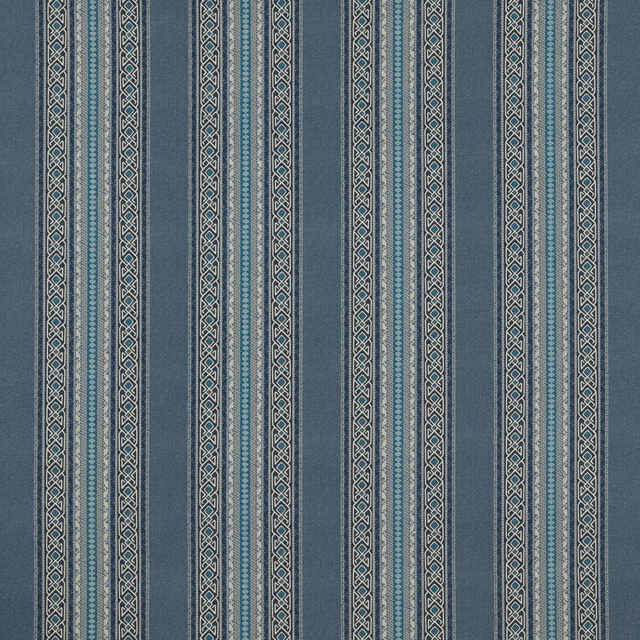 Vertical striped fabric in muted denim blue with teal and stone accents