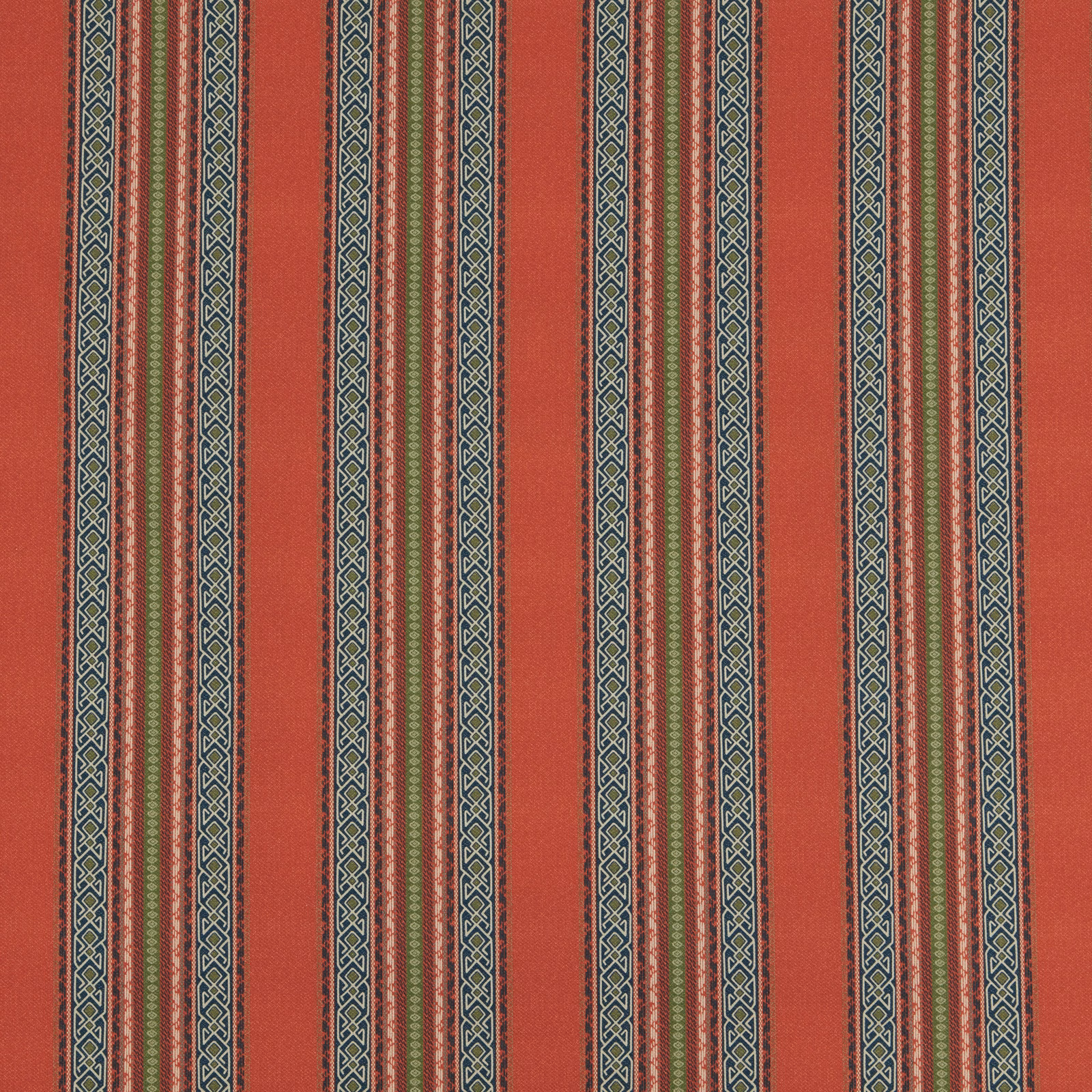 Red-orange striped woven fabric with narrow teal and cream decorative bands