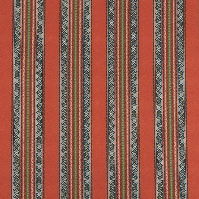 Red-orange striped woven fabric with narrow teal and cream decorative bands