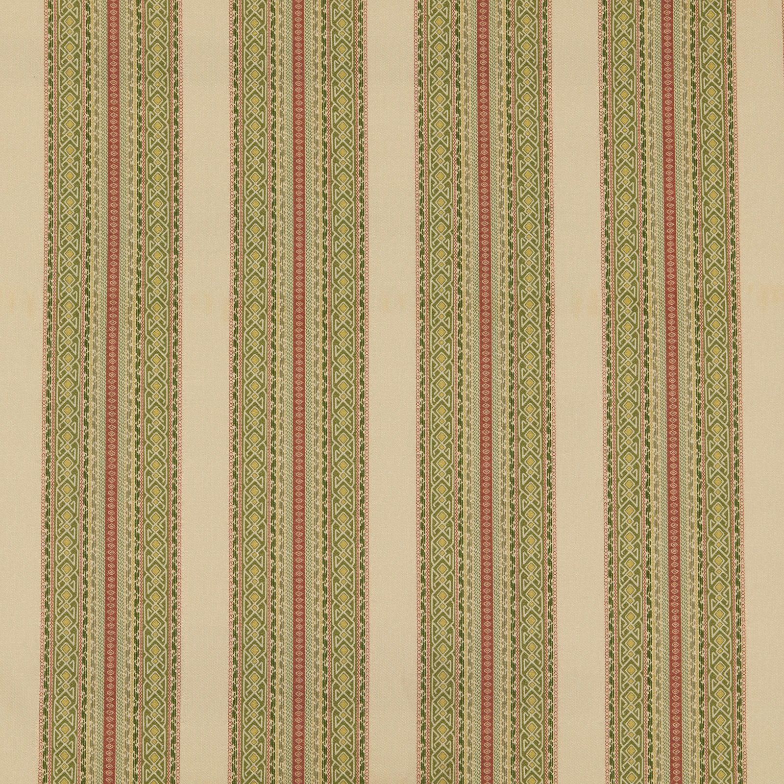 Vertical sage green striped fabric with cream ground and fine terracotta accents