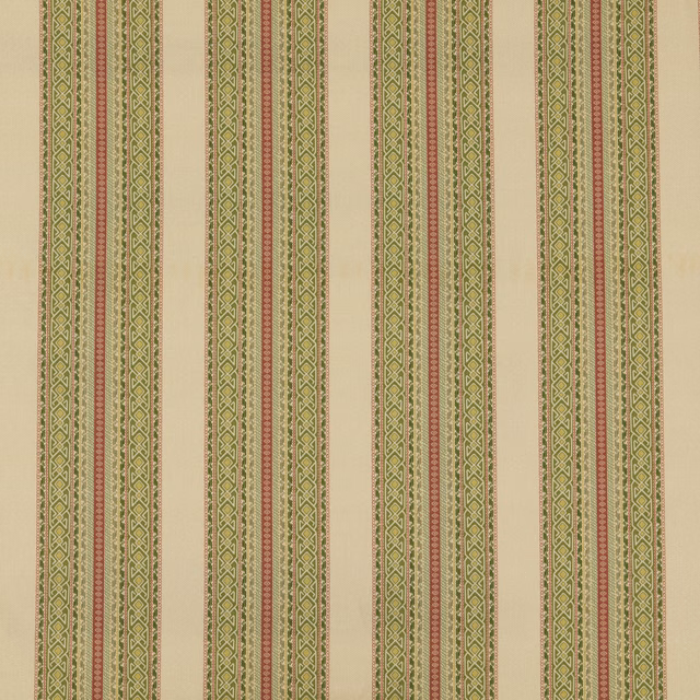 Vertical sage green striped fabric with cream ground and fine terracotta accents