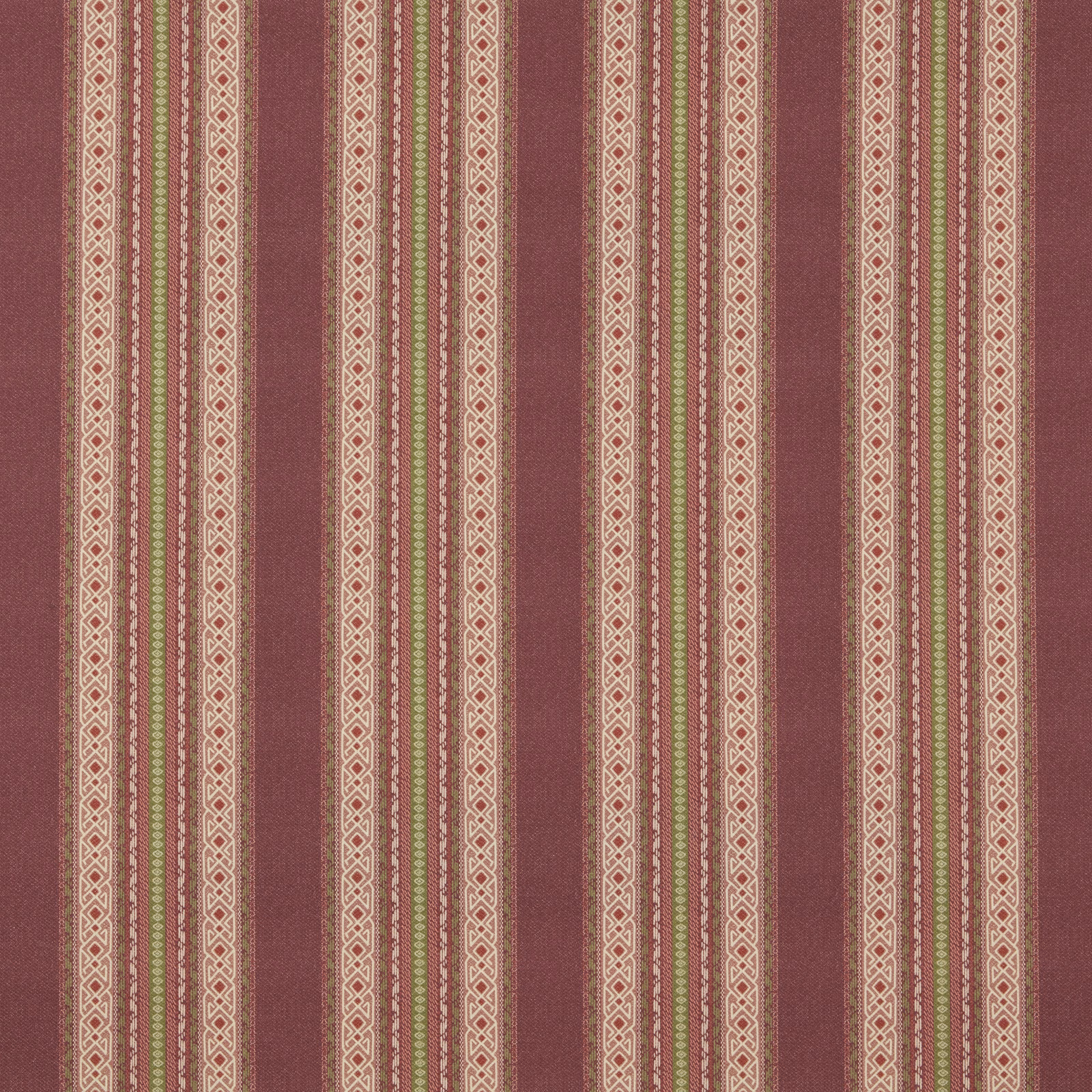 Woodrose pink striped fabric with cream geometric bands and olive accents