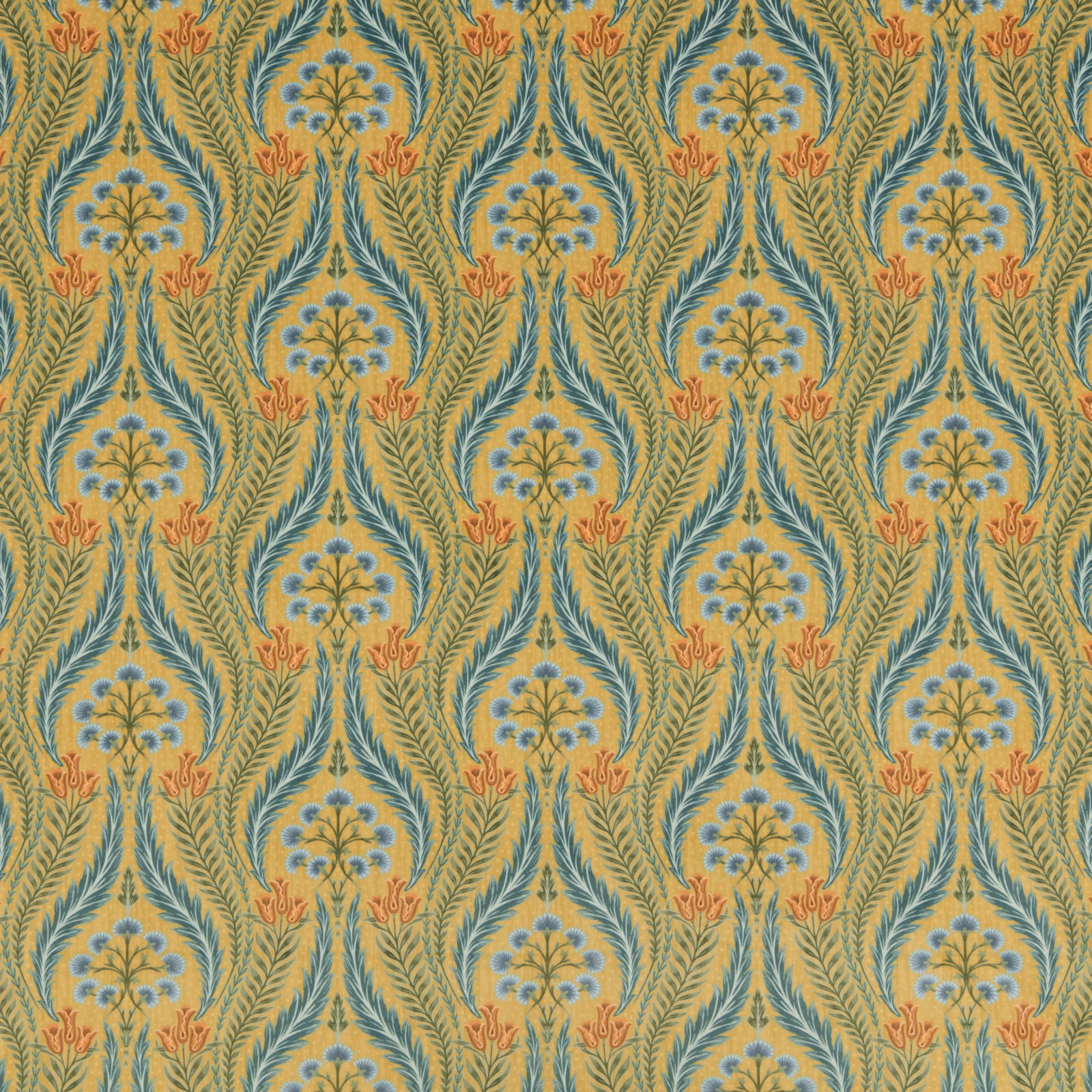 Ochre botanical velvet fabric with teal leaves and pale blue flowers