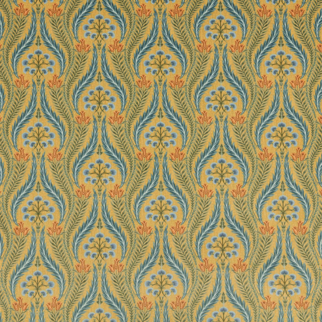 Ochre botanical velvet fabric with teal leaves and pale blue flowers