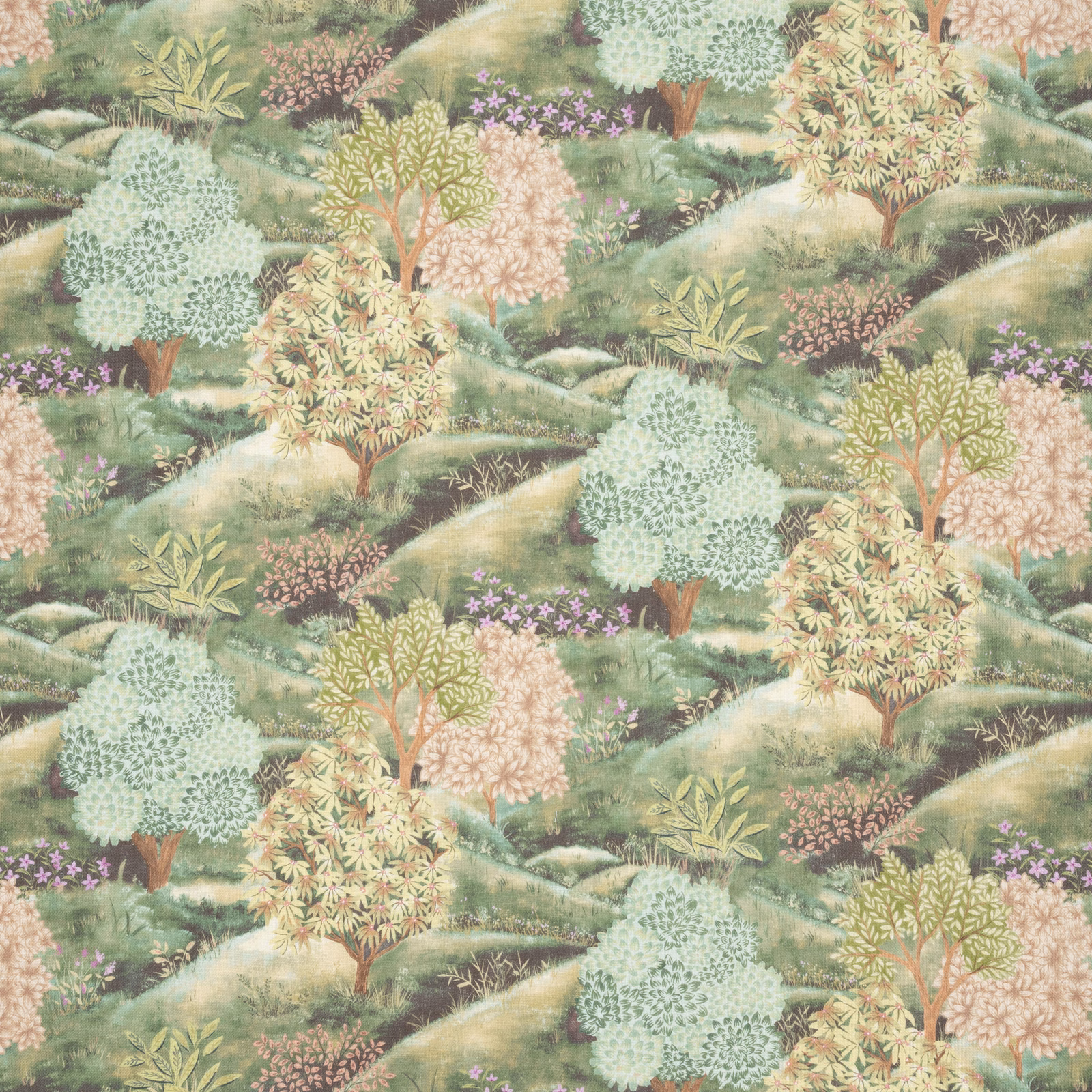 Embroidered woodland fabric in soft sage, blush and cream with tree motifs