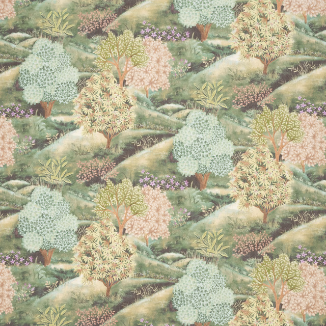 Embroidered woodland fabric in soft sage, blush and cream with tree motifs