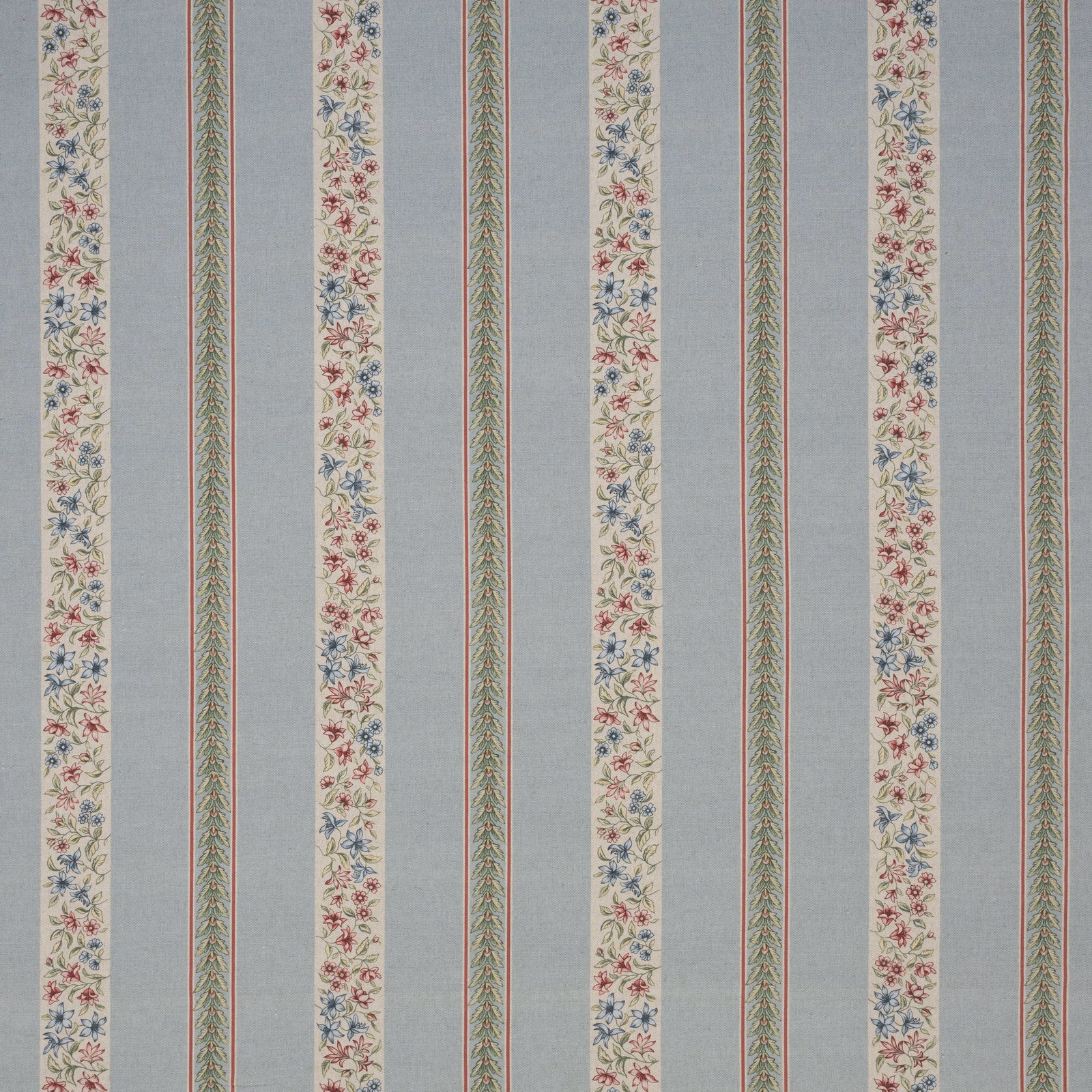 Light blue striped fabric with embroidered green vines and floral borders