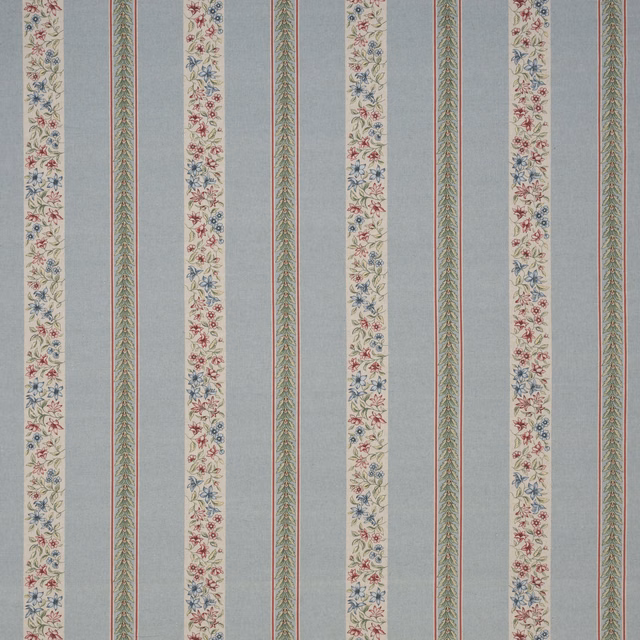Light blue striped fabric with embroidered green vines and floral borders