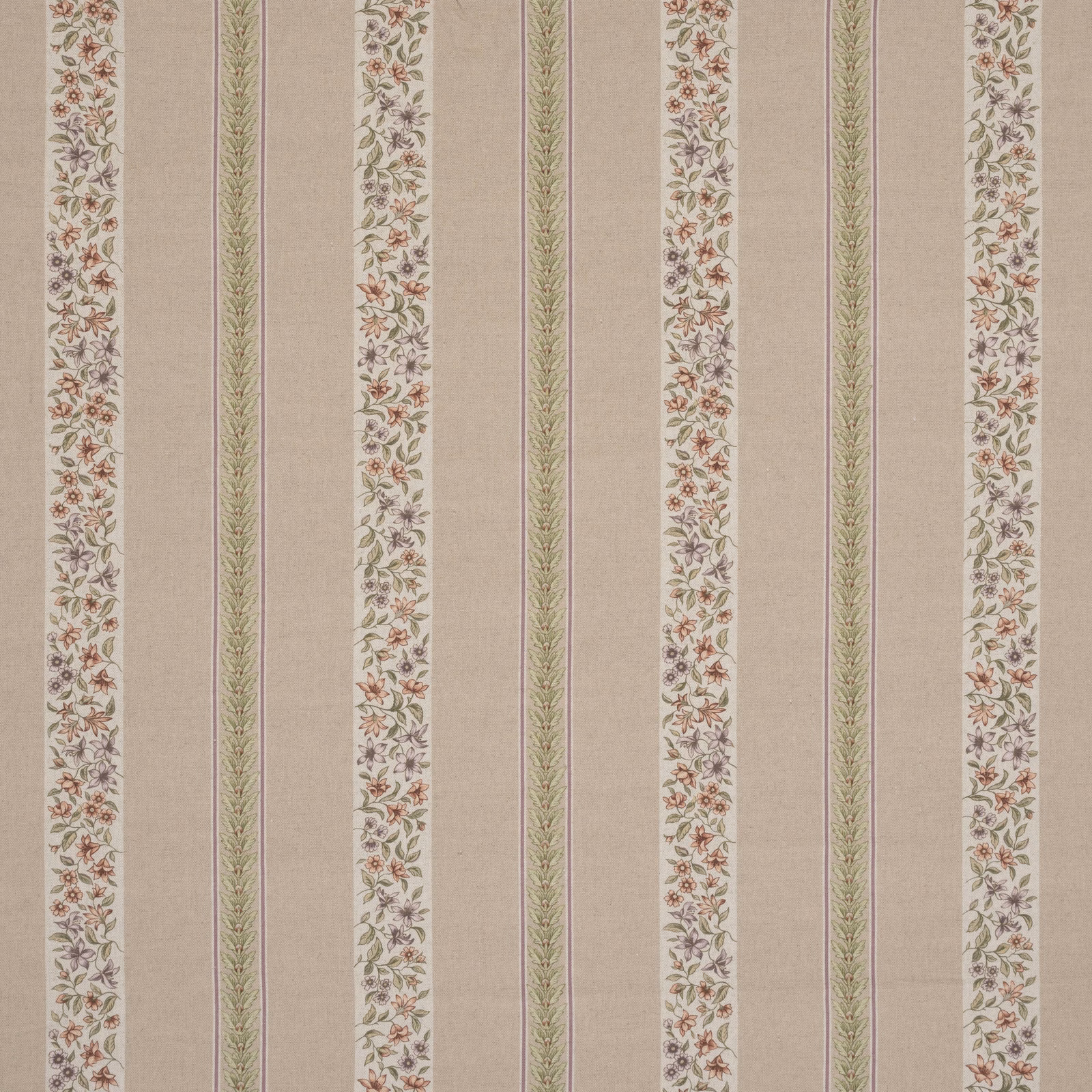 Beige striped embroidered fabric with floral bands and green leaf motifs