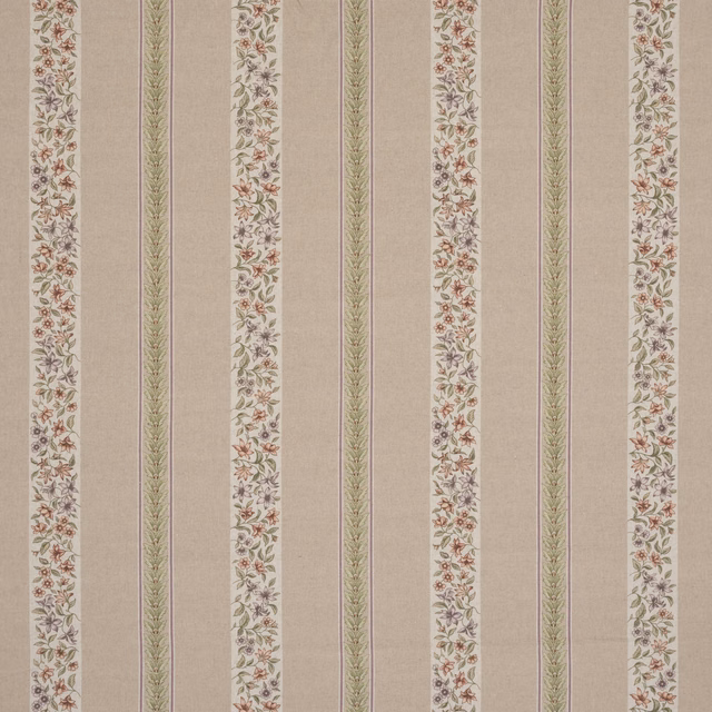 Beige striped embroidered fabric with floral bands and green leaf motifs