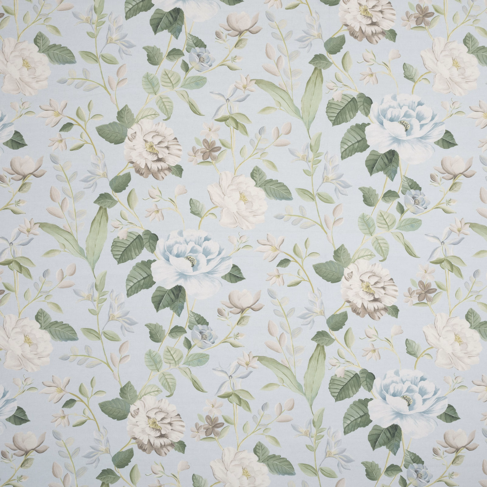 Pale aqua embroidered botanical fabric with cream flowers and sage green leaves