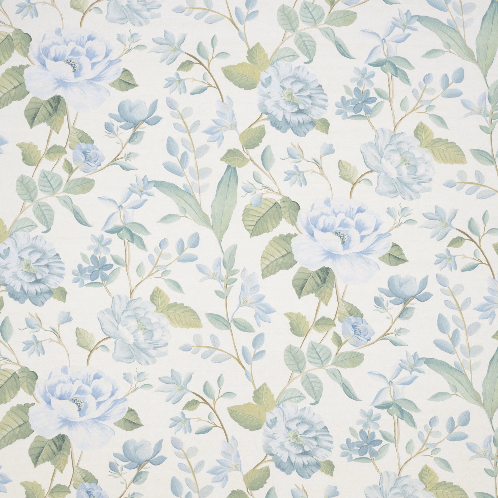 Pale blue embroidered floral fabric with sage leaves on ivory ground