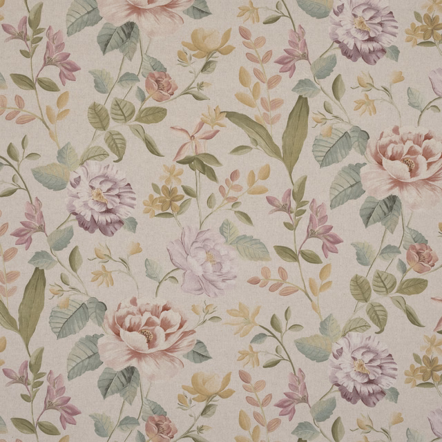 Embroidered floral fabric with faded rose, lilac and sage blooms on a pale ground