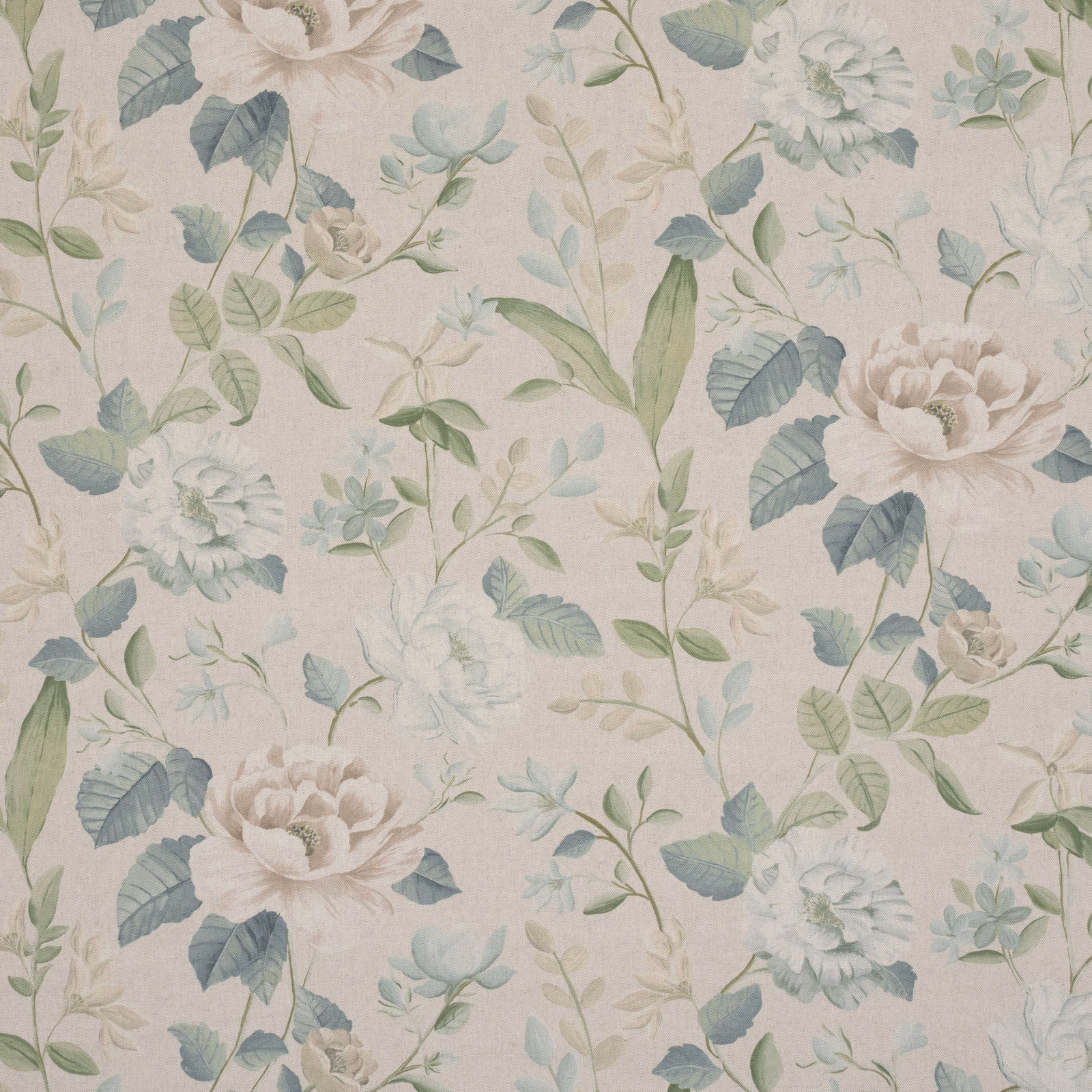 Mint green floral embroidered fabric with pale blooms on a light ground