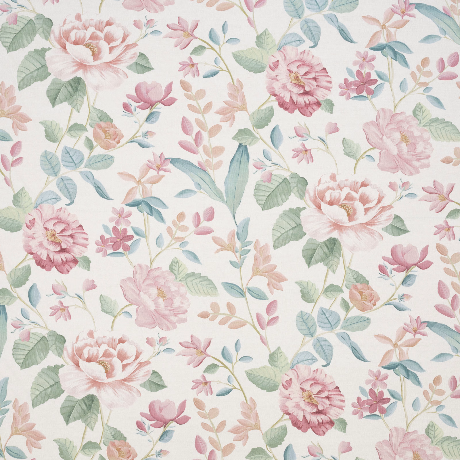 Embroidery floral fabric with blush pink roses, sage leaves and pale aqua stems on a light ground