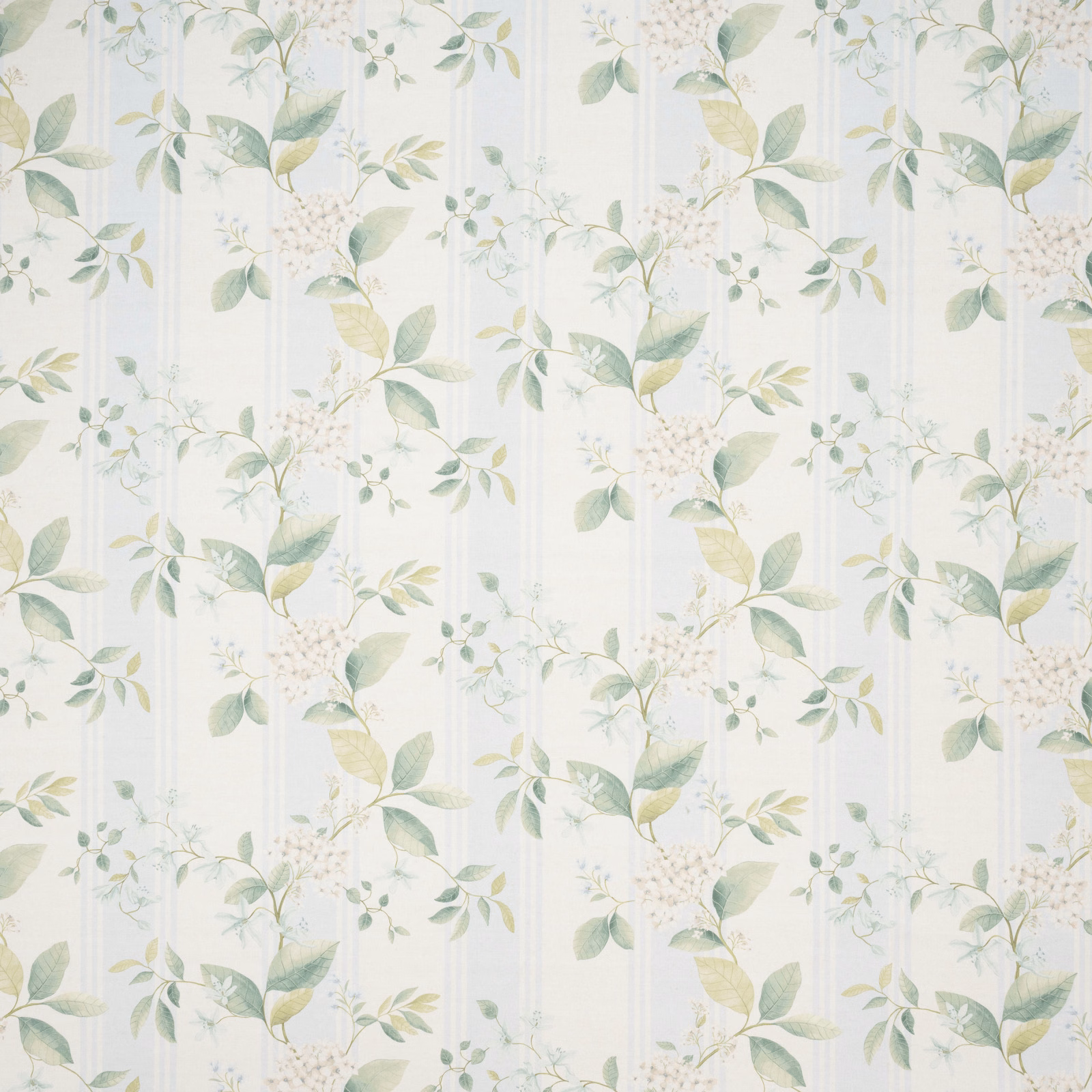 Pale aqua embroidered floral fabric with leafy botanical sprigs and white blossom