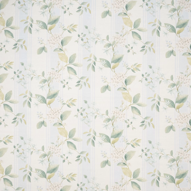 Pale aqua embroidered floral fabric with leafy botanical sprigs and white blossom