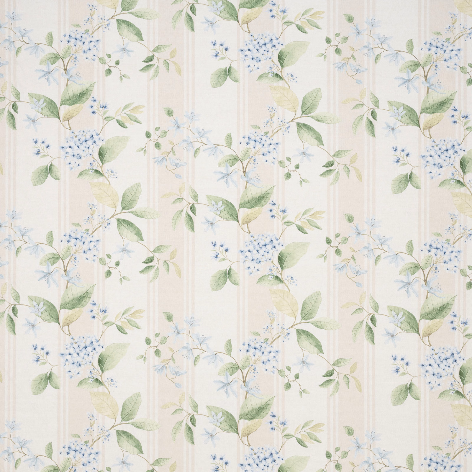 Embroidery of pale blue hydrangea clusters and green leaves on an ivory ground