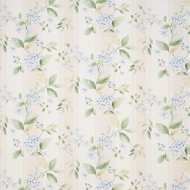 Embroidery of pale blue hydrangea clusters and green leaves on an ivory ground