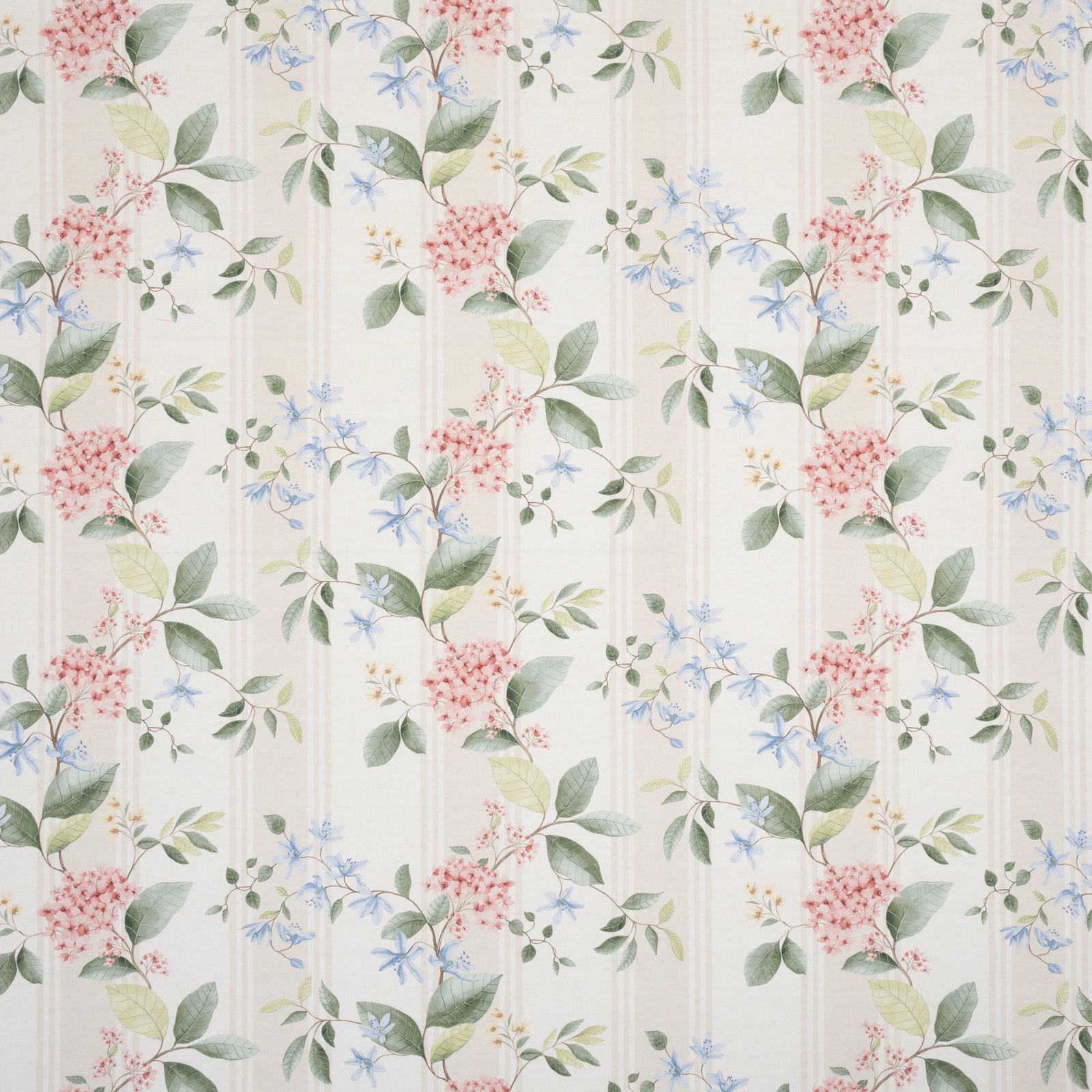 Cream embroidered fabric with pink hydrangea clusters and green leaves