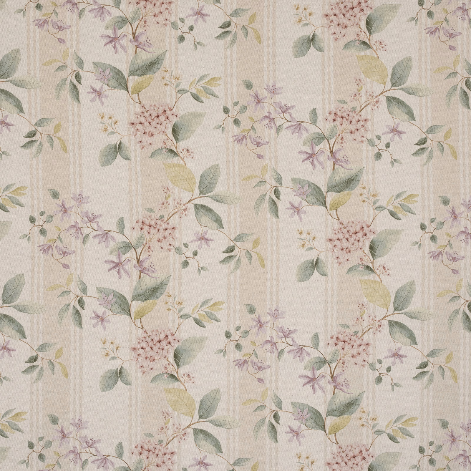 Pastel floral fabric with faded rose hydrangeas and sage leaves on ivory ground