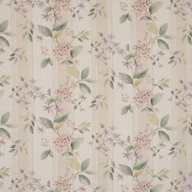 Pastel floral fabric with faded rose hydrangeas and sage leaves on ivory ground
