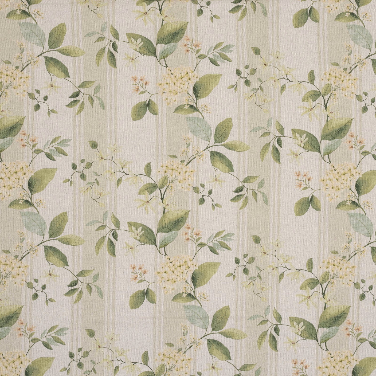 Embroidered sage green botanical leaves and cream blossoms on an ivory striped ground