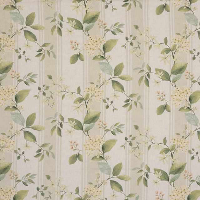 Embroidered sage green botanical leaves and cream blossoms on an ivory striped ground