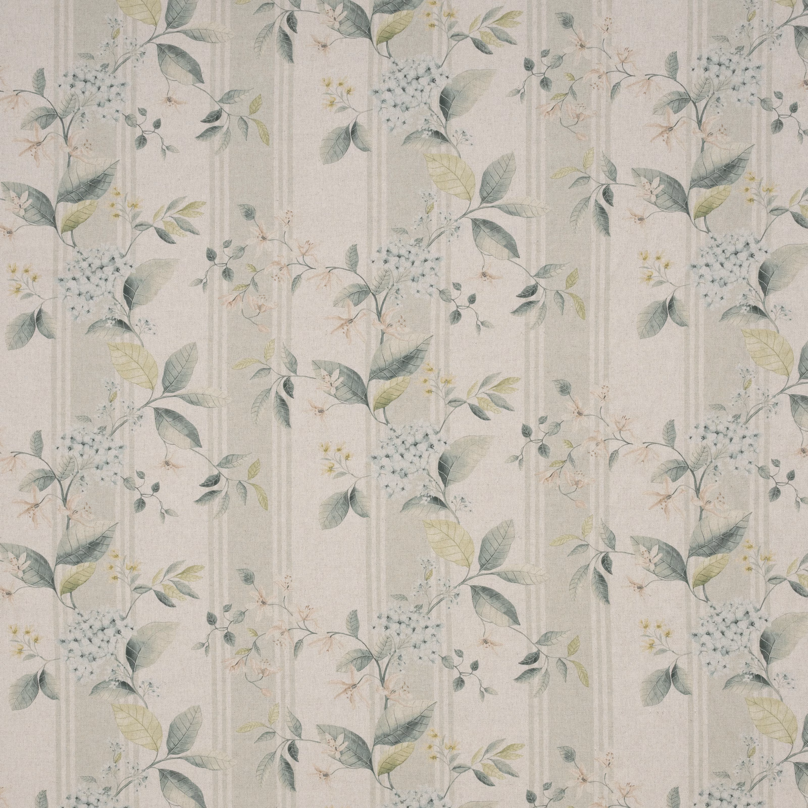 Soft botanical fabric with mint leaves, pale hydrangea sprigs and ivory stripes
